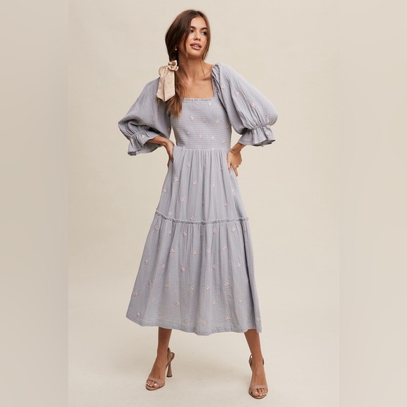 457. AT COST! 🛑LAST 1Grey blue Embroidered Cotton Maxi Dress Floral Puff Pockets - Picture 3 of 7